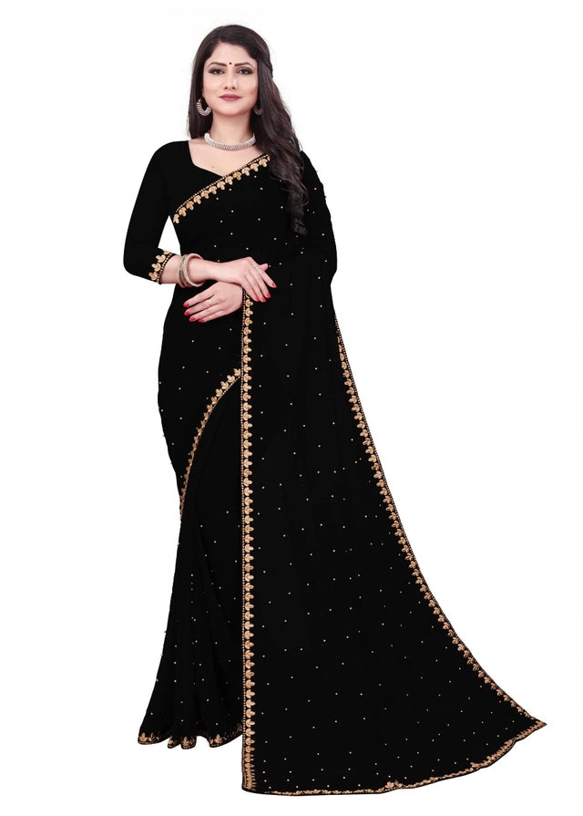 Lycra Blend Solid Saree – Black | Vyom UrbanBaazaar