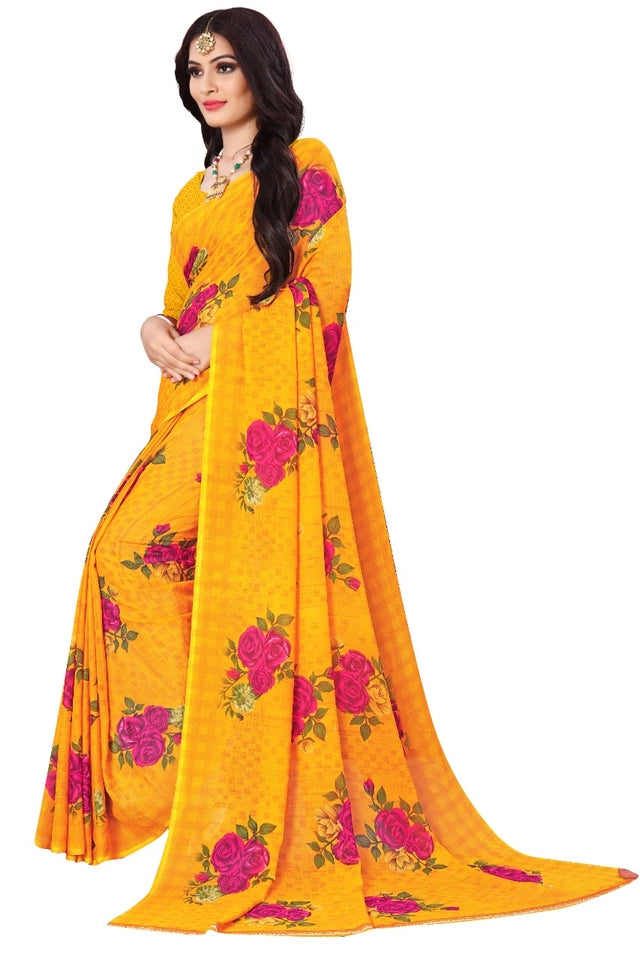 Chic Floral Georgette Saree with Smooth Texture and Alluring Fall Ideal for Festive, Office, and Evening Wear Looks