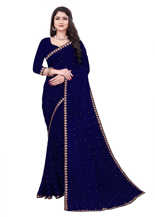 Lycra Blend Solid Saree – Navy Blue | Vyom UrbanBaazaar