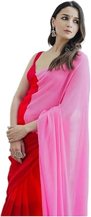 Georgette Colourblocked Saree – Red & Pink | Vyom UrbanBaazaar