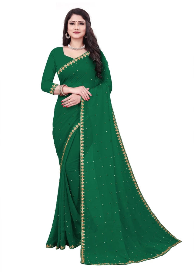 Lycra Blend Solid Saree – Green | Vyom UrbanBaazaar
