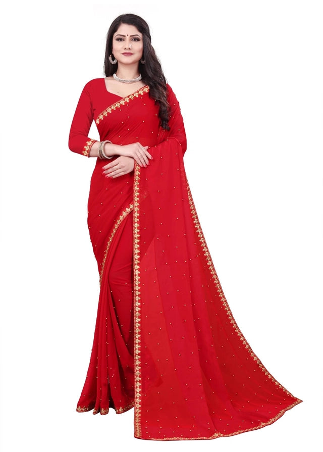 Lycra Blend Solid Saree – Red | Vyom UrbanBaazaar